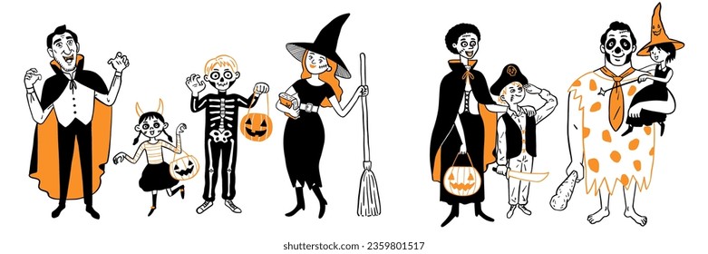 Cute vector illustration doodle character of happy parents and kids in Halloween costumes. Black and white ink style, hand drawn sketch, outline, thin line art. 