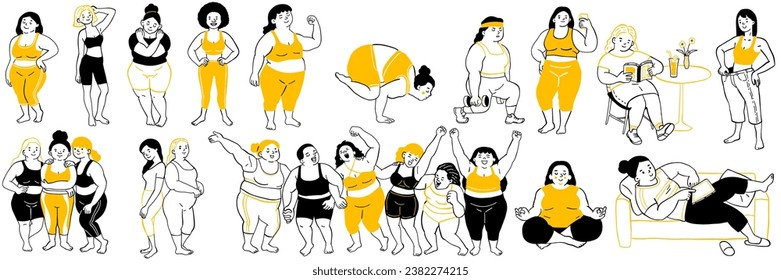 Cute vector illustration doodle characters of body positive women, plus size and skinny types. Outline, thin line art, hand drawn sketch design.  