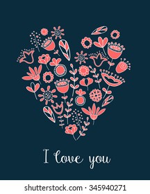 cute vector illustration with doodle flowers on dark blue background with I love you text