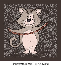 Cute vector illustration of a doodle hand drawn cat with sausages. Color cartoon animal card for kids.