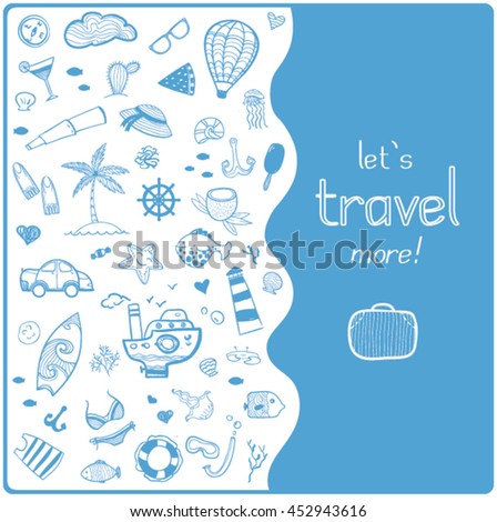 Cute vector illustration with doodle icons. Hand drawn summer and marine design. Vacation theme. Clip art for design, print, banners, cards, invitation, template