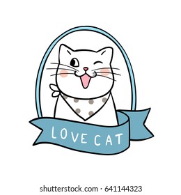 Cute vector illustration draw character design of cat.Doodle cartoon style.