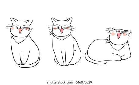 Cute vector illustration draw character design outline of cute cat.Doodle cartoon style.