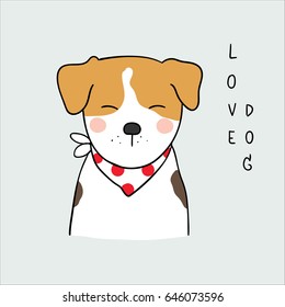 Cute vector illustration draw character design of cute dog and word love.Doodle cartoon style.