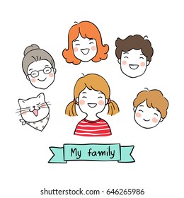 Cute vector illustration draw character design of cute happy family.Doodle style.