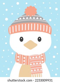 cute vector illustration of duck wearing knitted scarf and hat in winter time, graphic elements for kids design, childish cartoon bird for christams greeting card