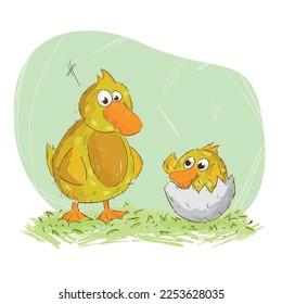 Cute vector illustration of a duckling father with his newborn baby inside the egg shell. The baby duckling asks the father to pick him up. Father's day greeting