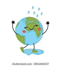 Cute vector illustration of the Earth as a happy character enjoying the rain.