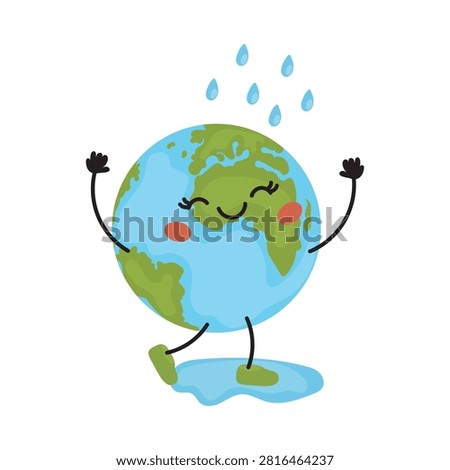 Cute vector illustration of the Earth as a happy character enjoying the rain.