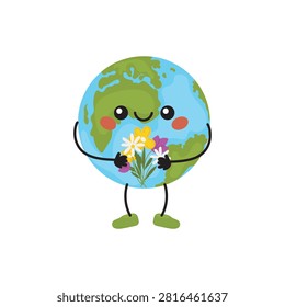 Cute vector illustration of the Earth as a smiling character holding a bouquet of flowers.
