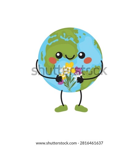 Cute vector illustration of the Earth as a smiling character holding a bouquet of flowers.