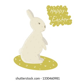 Cute vector illustration of Easter bunny with a hand written text “Happy Easter”. Postcard, greeting card, banner. Print design. Hand draw style.  