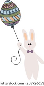 Cute vector illustration of an Easter Bunny wearing a bow tie and holding an Easter Egg balloon.