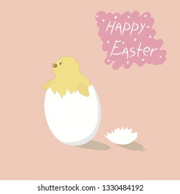 Cute vector illustration of Easter chick with a hand written text “Happy Easter”. Postcard, greeting card, banner. Print design. Hand draw style.  