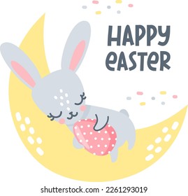 Cute vector illustration for Easter Day. Sleeping hare, rabbit hugging Easter egg. Rabbit sleeping on the moon. Happy Easter inscription. 