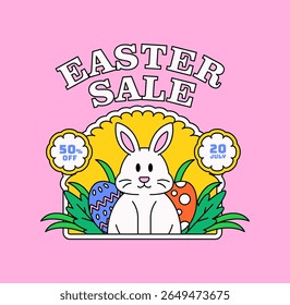 Cute vector illustration of an Easter sale announcement featuring a white bunny surrounded by decorated eggs and leaves perfect for holiday promotions and seasonal marketing