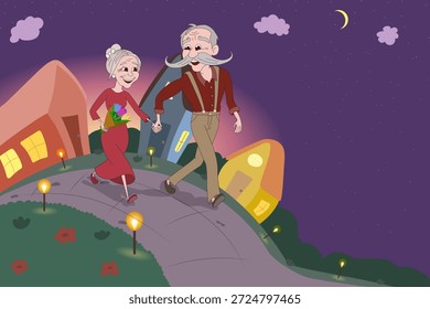 Linda Ilustración vectorial de una pareja de ancianos caminando por una calle de la ciudad de la noche. Abuelo y abuela tomados de la mano. Abuela sosteniendo un ramo de flores. Cita romántica para personas mayores, sentimientos probados por el tiempo