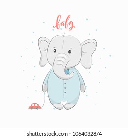 Cute vector illustration with elephant baby for baby wear and invitation card with phrase "Baby".