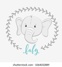 Cute vector illustration with elephant baby for baby wear and invitation card with phrase "Baby".