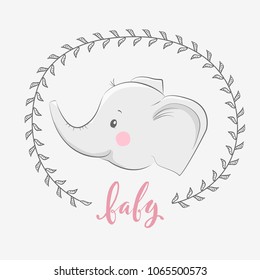 Cute vector illustration with elephant baby for baby wear and invitation card with phrase "Baby".