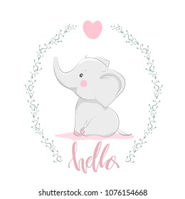 Cute vector illustration with elephant baby for baby wear and invitation card with phrase "Hello".