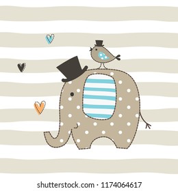 Cute vector illustration with an elephant and a bird for t-shirt design, greeting card, baby shower