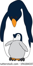 Cute Vector Illustration Of An Emperor Penguin Carrying It's Chick On It's Feet.