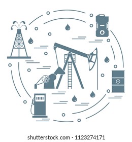 Cute vector illustration of the equipment for oil production, canister of gasoline, barrels with oil, gas station arranged in a circle. Design for poster or print.
