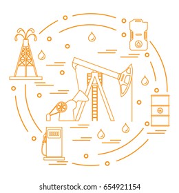 Cute vector illustration of the equipment for oil production, canister of gasoline, barrels with oil, gas station arranged in a circle. Design for poster or print.
