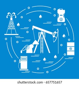 Cute vector illustration of the equipment for oil production, canister of gasoline, barrels with oil, gas station arranged in a circle. Design for poster or print.