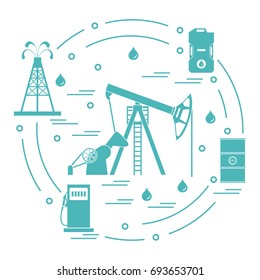 Cute vector illustration of the equipment for oil production, canister of gasoline, barrels with oil, gas station arranged in a circle. Design for poster or print.