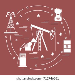 Cute vector illustration of the equipment for oil production, canister of gasoline, barrels with oil, gas station arranged in a circle. Design for poster or print.