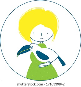 Cute vector illustration of a fair-haired girl holding a toucan in her hands, on a white background