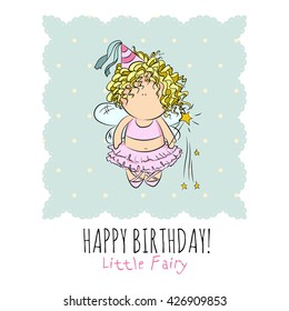 cute vector illustration of a fairy with magic stick. doodle. happy birthday card. romantic style. invitation card template for girl