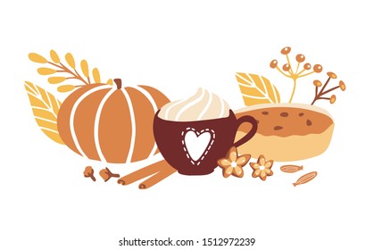 Cute vector illustration Fall season with doodle objects on white background. Cup with hot beverage, whipped cream, spices, leaves, pumpkin and home made pie. Horizontal card, banner, poster design.