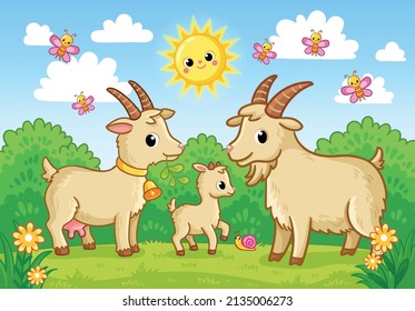 Cute vector illustration with a family of goats standing in a green summer meadow. Farm animals in the meadow in cartoon style.
