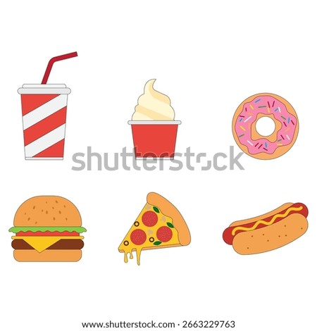 Cute vector illustration of fast food and sweets including burger, hotdog, pizza slice, donut, ice cream, and soda. Fun and colorful food design in flat style.
