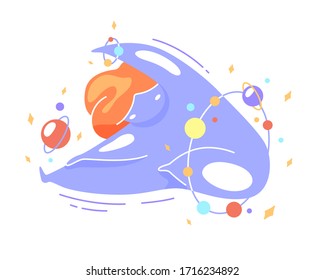 Cute vector illustration of a fat space girl doing yoga. Tilt to the leg, stretching the popliteal ligaments. Body positive, health care, self-acceptance, love for your body. World Yoga Day.