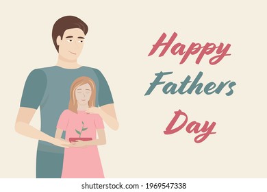 Cute vector illustration of Father and dauther, holding a small growing plant in the pot. Father's day concept.