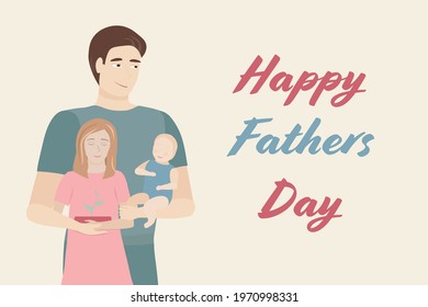 Cute vector illustration of Father with two kida- baby boy and the older daugther. Father's day concept.