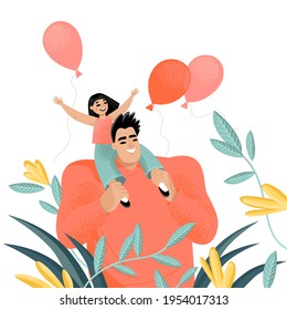 Cute vector illustration for father's day with a man and a little girl. Funny characters in cartoon style.