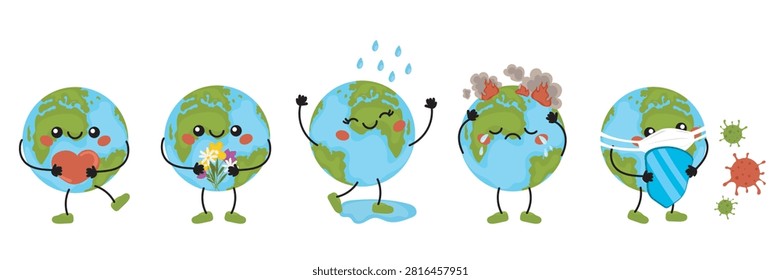 Cute vector illustration featuring the Earth as a character showing different emotions and states