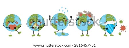 Cute vector illustration featuring the Earth as a character showing different emotions and states
