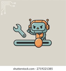 Eine süße Vektorgrafik mit einer mechanischen Roboterfigur, die einen großen Schraubenschlüssel hält und über einer anpassbaren Fortschrittsleiste oder einem Schieber steht. Ideale Grafik für technischen Support, Systemwartung, Einstellungsfenster oder Automatisierungsschnittstellen im modernen Cartoon-Stil. EPS 10-kompatibel.