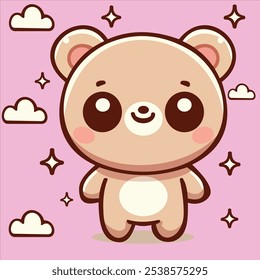 A cute vector illustration featuring a small, happy cartoon animal character with a rounded, fluffy design, large sparkling eyes, and a gentle smile