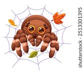 Cute vector illustration featuring a smiling spider on a web with autumn leaves. Perfect for Halloween designs