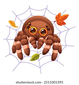 Cute vector illustration featuring a smiling spider on a web with autumn leaves. Perfect for Halloween designs