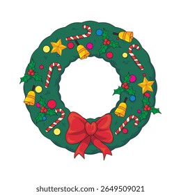 Cute vector illustration of a festive Christmas wreath decorated with candy canes, golden stars, bells, holly leaves, and a red ribbon bow. Great for holiday cards, party invitations, and winter decor