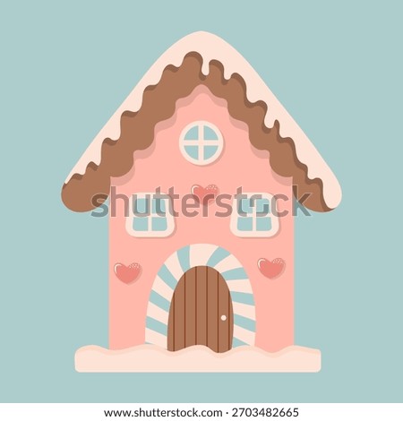 A cute vector illustration of a festive gingerbread house with pink walls, brown roof, a striped door, and pink hearts. Perfect for Christmas, holiday, and sweet treat designs.
