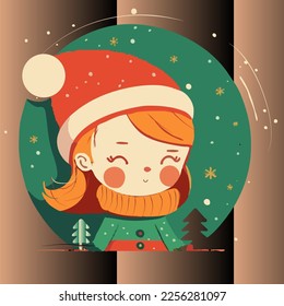 Cute vector illustration, festive New Year, cartoon style, Yeltsy, girl in a Christmas park, Christmas trees, colorful drawn grandson